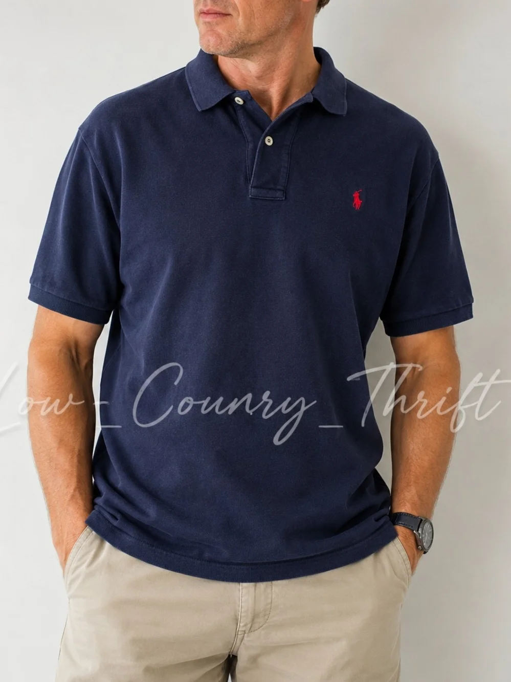 Vintage Polo Ralph Lauren Navy Polo Shirt Red Pony 100% Cotton Men's Medium